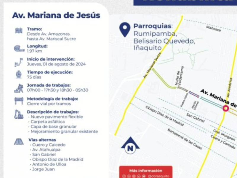 El 1 de agosto inicia la rehabilitación de la av. Mariana de Jesús en Quito