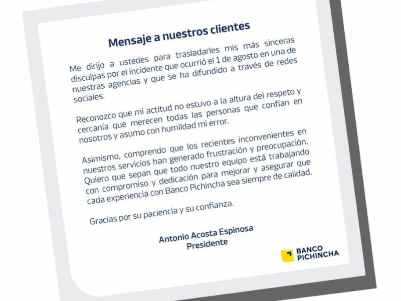 Presidente de Banco Pichincha ofrece disculpas tras incidente con cliente